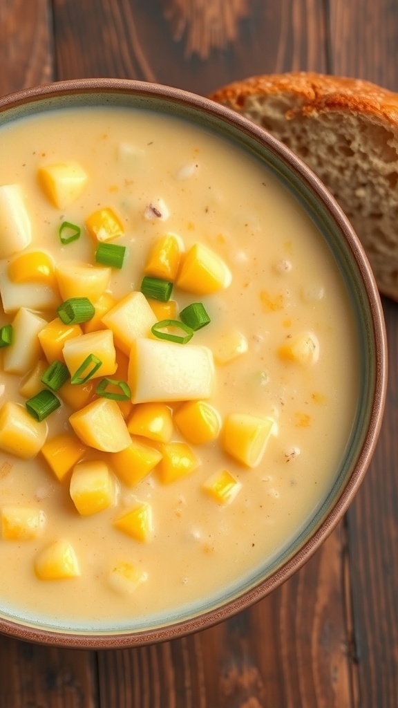 A bowl of creamy corn chowder with corn kernels and potatoes, garnished with green onions, on a rustic table with bread.